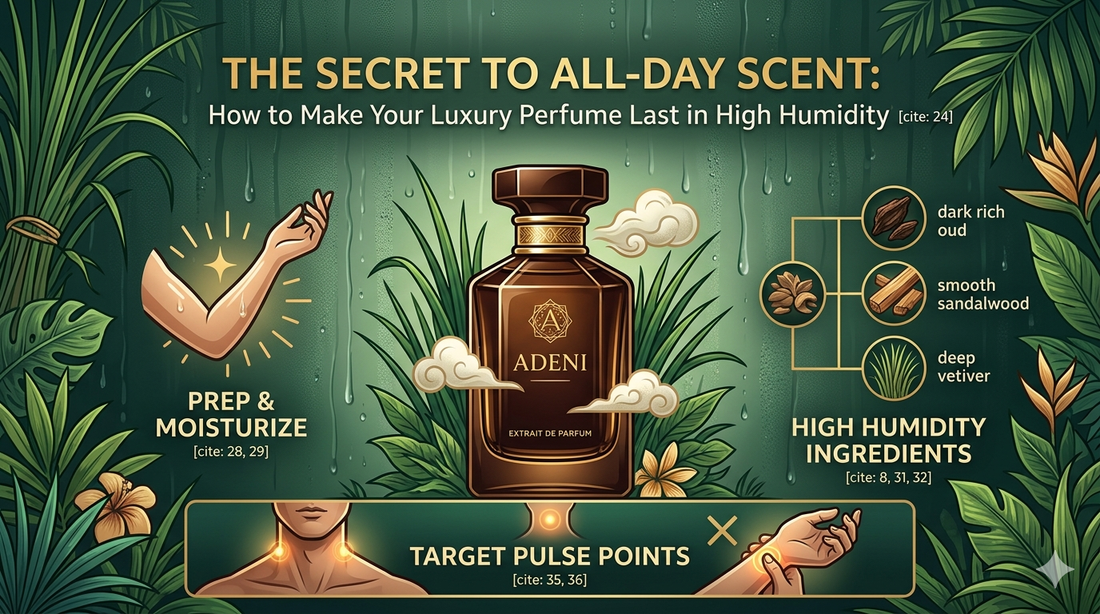 Adeni infographic showing how to make luxury perfume last in high humidity — prep, ingredients, and pulse points