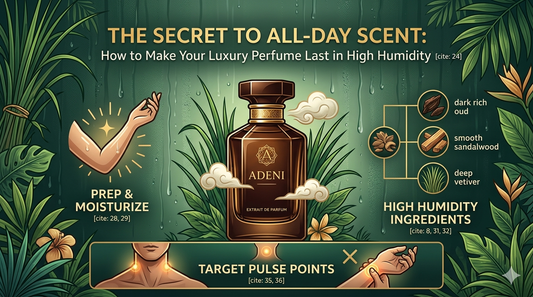 Adeni infographic showing how to make luxury perfume last in high humidity — prep, ingredients, and pulse points