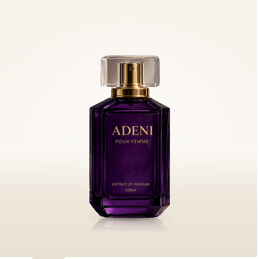 ADENI Pour Femme Extrait de Parfum 100ml purple bottle on ivory background